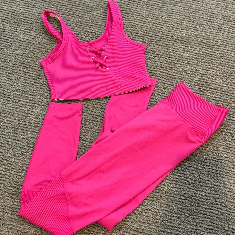 Year Of Ours Hot Pink ribbed leggings and Football lace up Bra | Size S